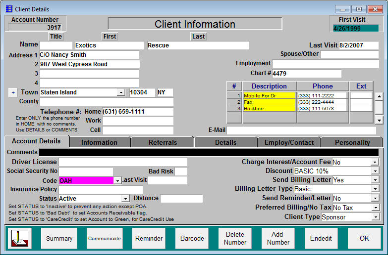 AHMS Client Information Screen
