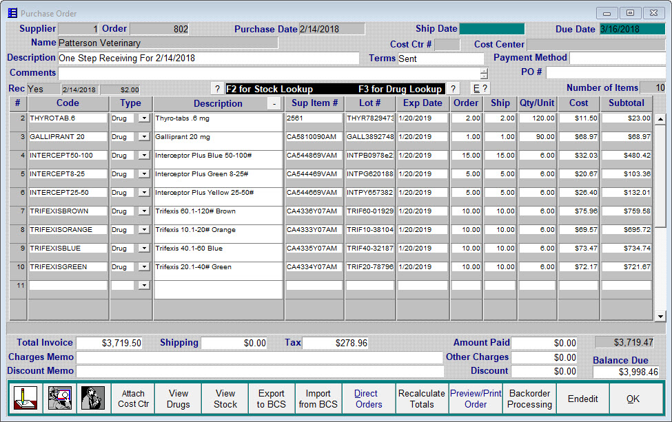 QuickVet Inventory - Purchase Order Receiving