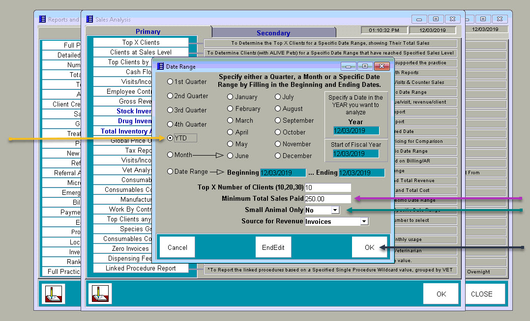 Date Range, Sales Amount, Small or Large Animal in QuickVet Analysis