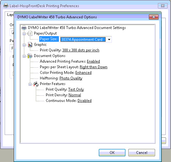 Dymo Label Printer Page Size Setting for the AHMS